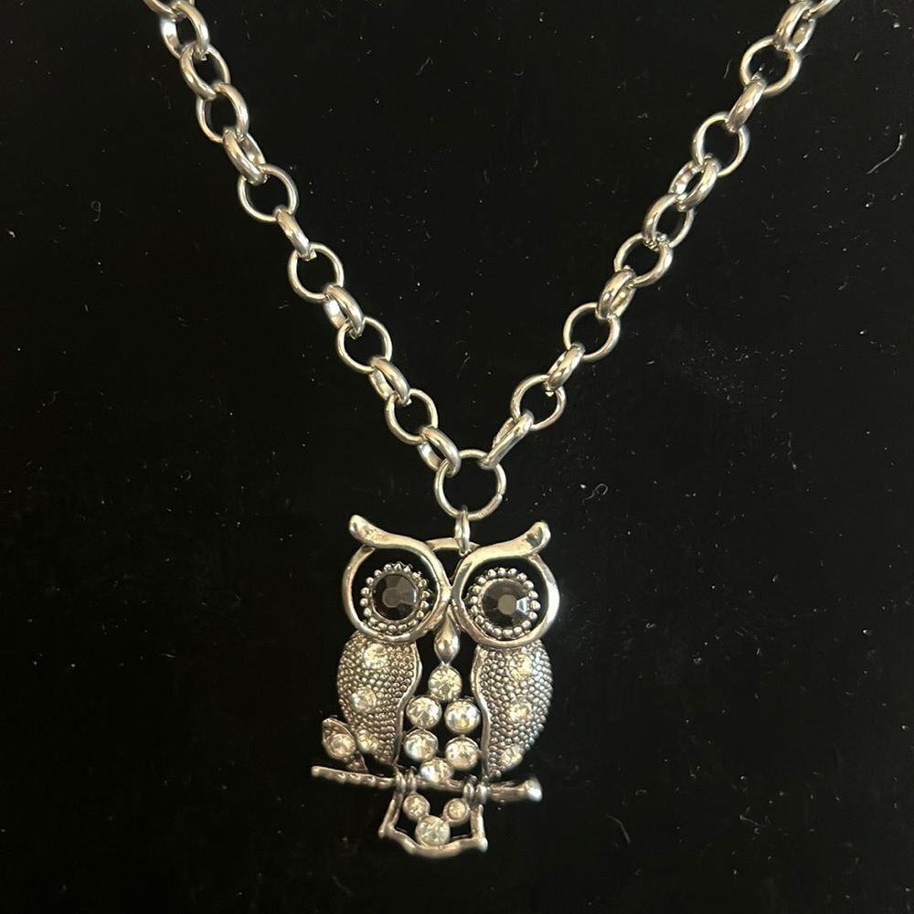 Handcrafted owl pendant on a 25 inch silver tone chain